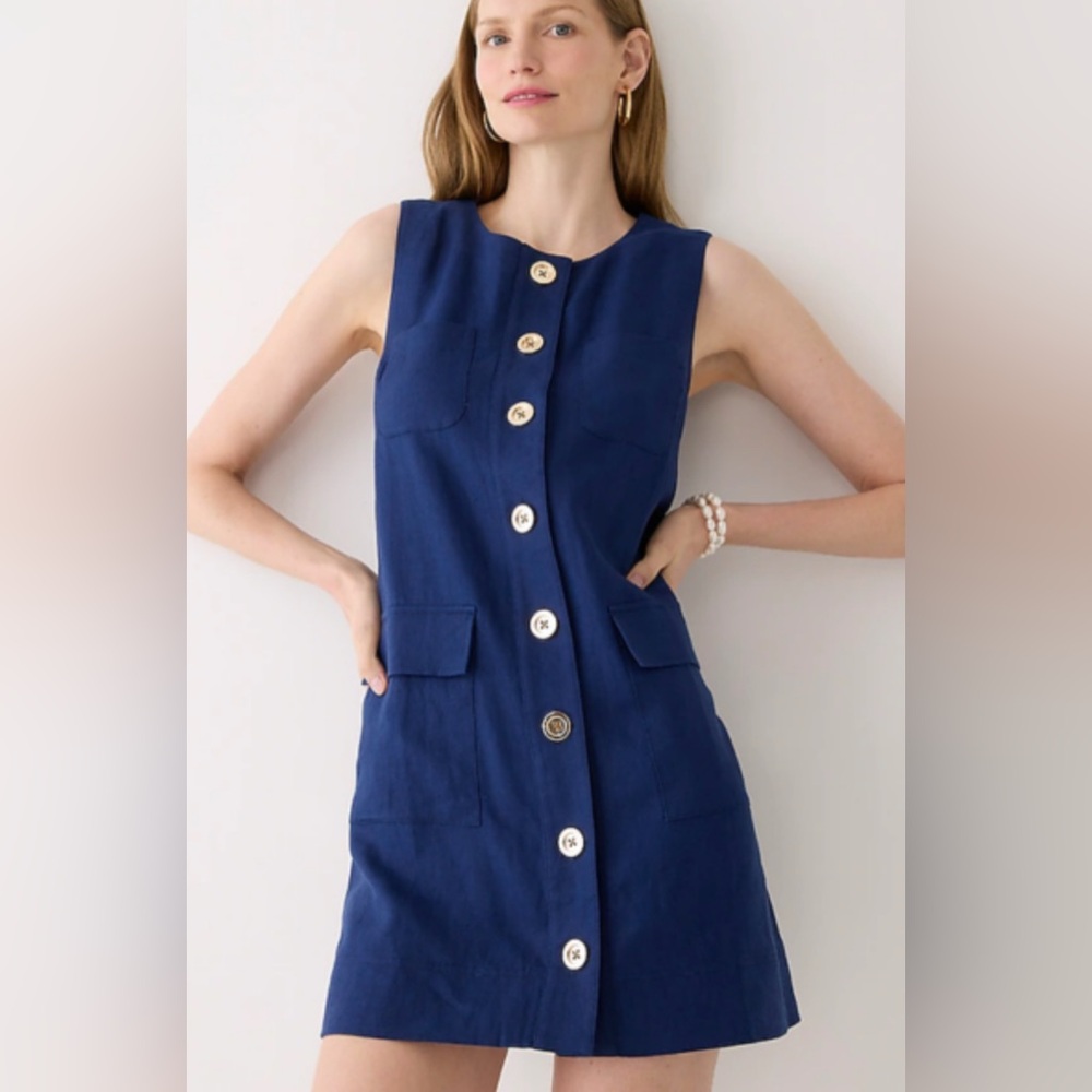 NWT J. Crew Navy Button-Front Linen Mini Dress